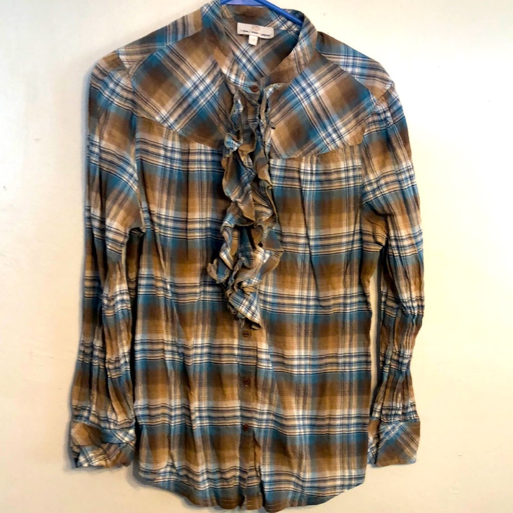 Urban Cotton Company- Sz L- Ruffled Plaid shirt